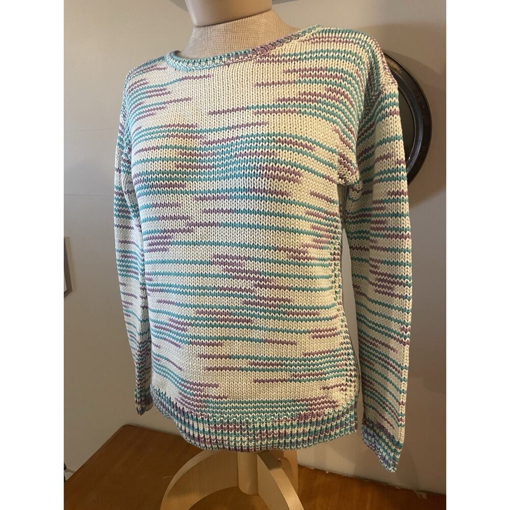 Talbots Striped Knit Sweater Pullover Cotton Blend Purple Teal White S Petite